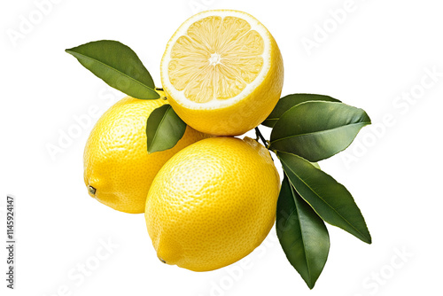 Wallpaper Mural Whole and half yellow lemons with vibrant green leaves isolated on white transparent background, representing freshness and citrus fruits Torontodigital.ca