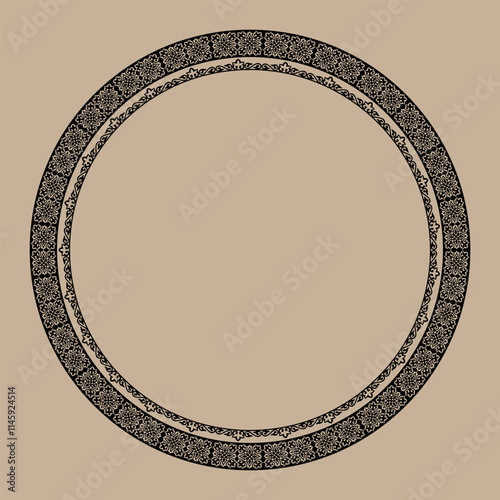 Circle oriental black frame on gold background, workpiece for your design. Ornamental elements and motifs of Turks, Kazakhs, Kyrgyz, Uzbeks. For plate decoration, textile, print design. Round frame