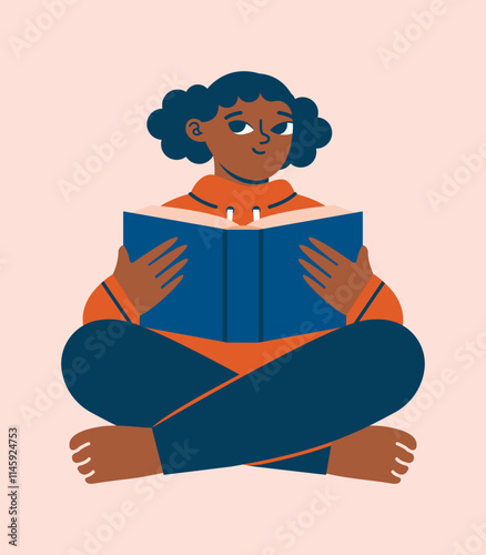 Dark-skinned girl sitting cross-legged and reading book. Cute naive clip art with cartoon female character. Flat Design. Bookworm concept. World Book Day. Isolated vector illustration.