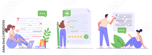 Editing document with text. Correcting grammar mistake with red marker. Teacher fix page text errors. Set of text editing, grammar edit, correcting mistake. Vector flat cartoon illustration