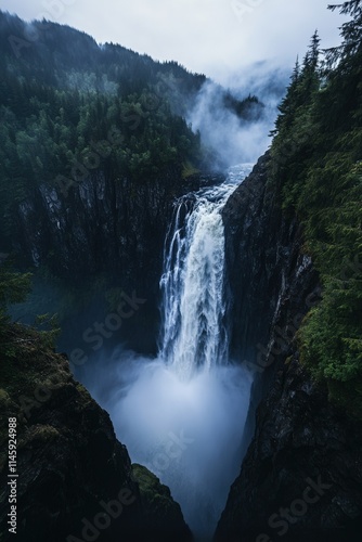 Powerful Cascading Waterfall Over Dark Rocky Cliffs