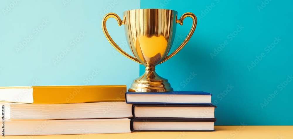A golden trophy, background, banner atop a stack of colorful books, symbolizing achievement in education. A golden trophy, background, banner atop a stack of colorful books, symbolizing achievement in education.