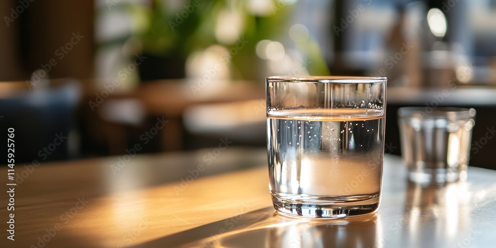 Glass of pure water placed on a table indoors, showcasing the clarity of pure water. Ideal for highlighting themes of refreshment and purity, with space available for text. Glass of pure water placed on a table indoors, showcasing the clarity of pure water. Ideal for highlighting themes of refreshment and purity, with space available for text.