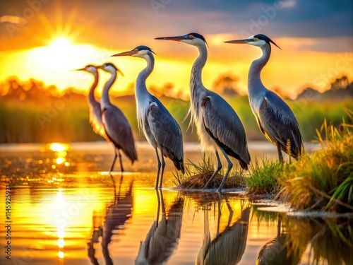 Capture the regal beauty of black-necked herons bathed in the sunset's warm glow. photo