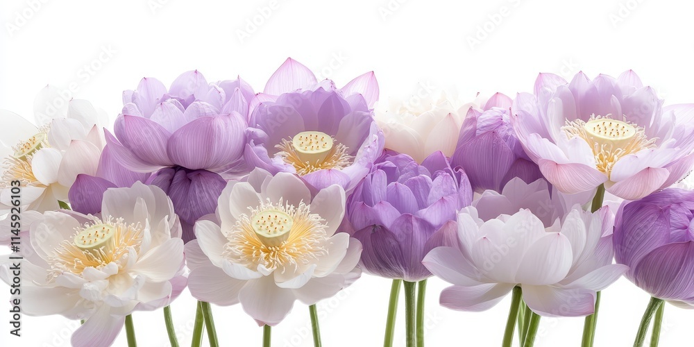 Obraz premium Lilac and white lotus flower bouquet isolated against a white background, featuring a stunning mix of lilac hues. This lilac bouquet showcases the elegance of lotus flowers beautifully.