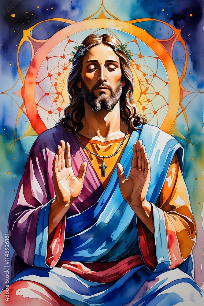 Fototapeta premium Vibrant Psychedelic Watercolor Meditation of Jesus