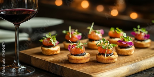 Elegant canapes paired with fine wine create a delightful dining experience in a restaurant setting, highlighting the exquisite combination of canapes and wine for culinary enjoyment.