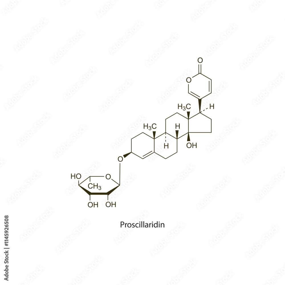 Proscillaridin flat skeletal molecular structure Digitalis glycoside drug used in heart failure treatment. Vector illustration scientific diagram. Proscillaridin flat skeletal molecular structure Digitalis glycoside drug used in heart failure treatment. Vector illustration scientific diagram.