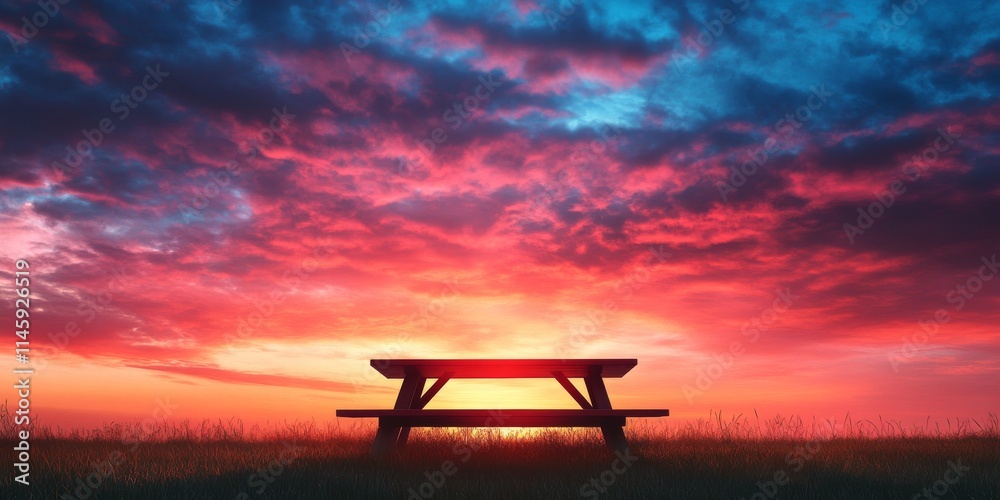 A picnic table set against a stunning summer sunset, complemented by a vibrant blue and red cloud filled sky, offering ample space for your text. Perfect for summer picnic scenes. A picnic table set against a stunning summer sunset, complemented by a vibrant blue and red cloud filled sky, offering ample space for your text. Perfect for summer picnic scenes.