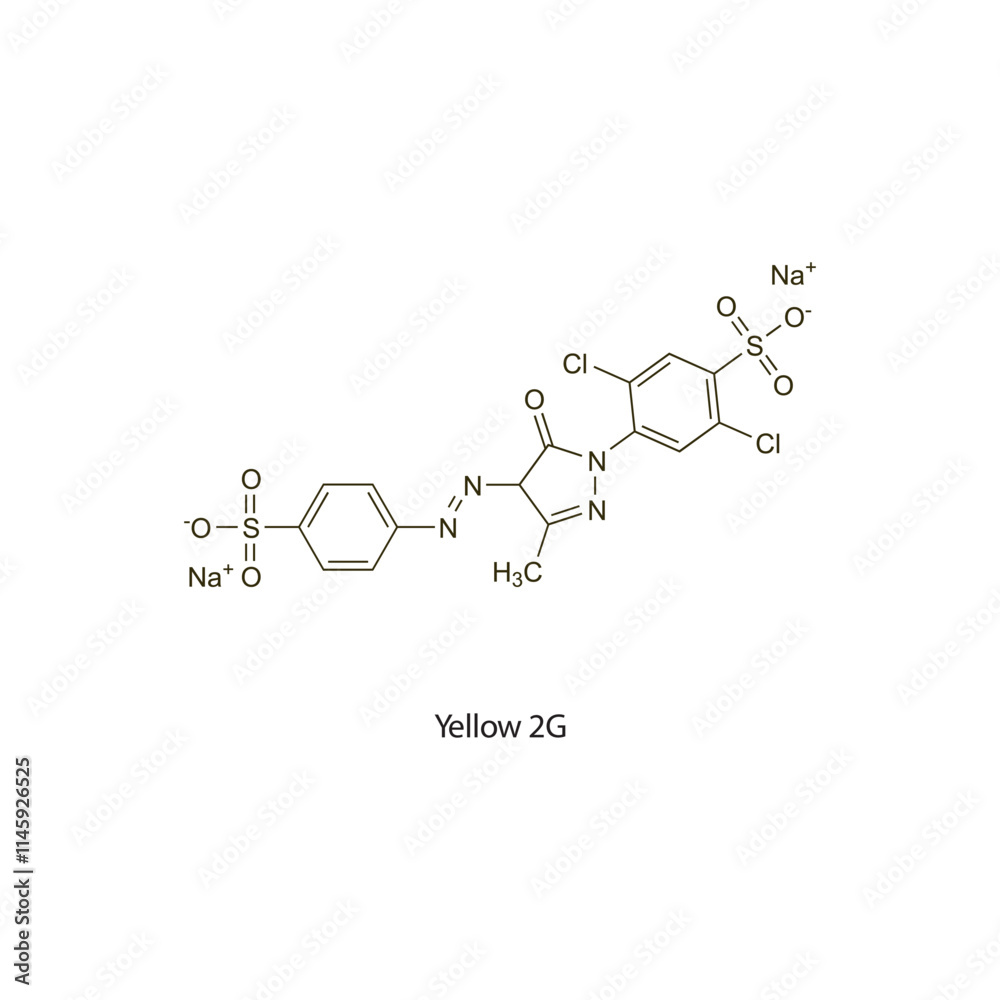 Fototapeta premium Yellow 2G flat skeletal molecular structure Colouring agent treatment. Vector illustration scientific diagram.