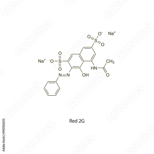 Red 2G flat skeletal molecular structure Colouring agent treatment. Vector illustration scientific diagram.