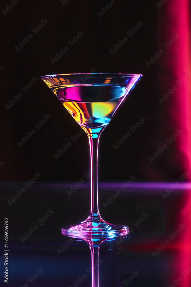 A neon glass of martini illuminated against a black background, showcasing its vibrant colors and highlighting the drink's sleek, elegant shape with a striking glow. A neon glass of martini illuminated against a black background, showcasing its vibrant colors and highlighting the drink's sleek, elegant shape with a striking glow.