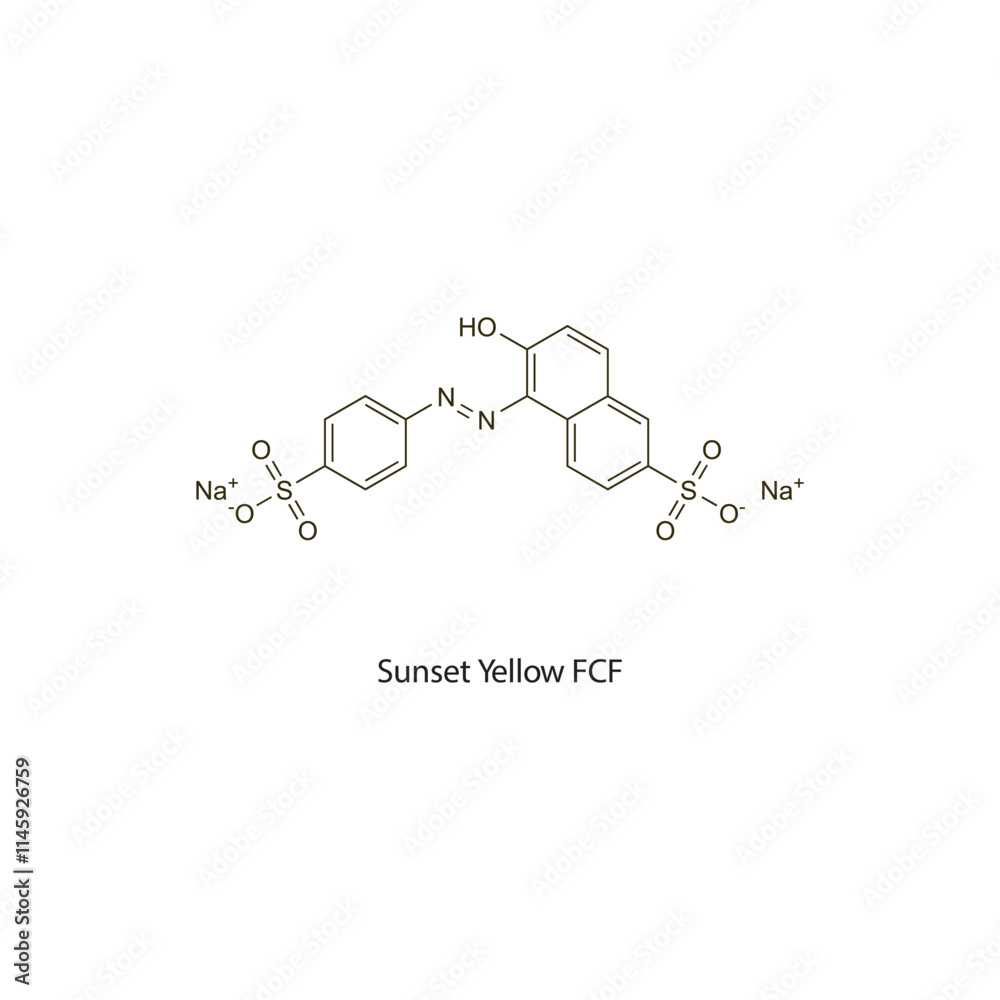 Sunset Yellow FCF flat skeletal molecular structure Colouring agent treatment. Vector illustration scientific diagram.
