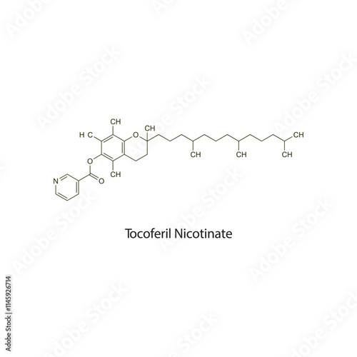Tocoferil Nicotinate flat skeletal molecular structure antihyperlipidemic drug used in hyperlipidaemia treatment. Vector illustration scientific diagram.