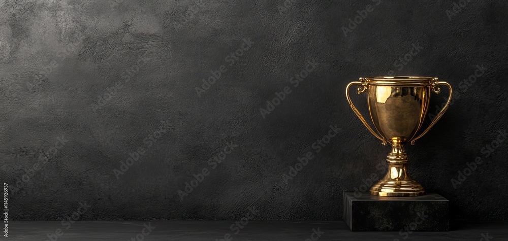 A shiny gold trophy, background, banner on a black pedestal against a textured dark background, banner. A shiny gold trophy, background, banner on a black pedestal against a textured dark background, banner.