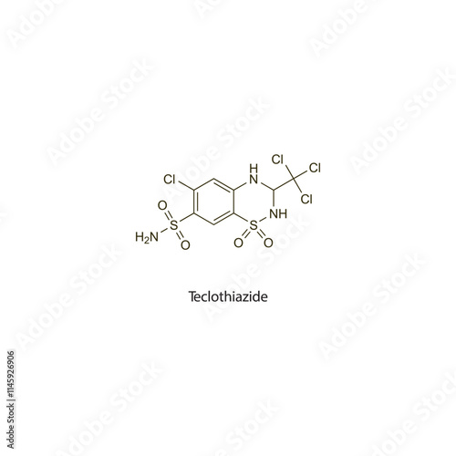 Teclothiazide flat skeletal molecular structure Thiazide diuretic drug used in oedema treatment. Vector illustration scientific diagram.