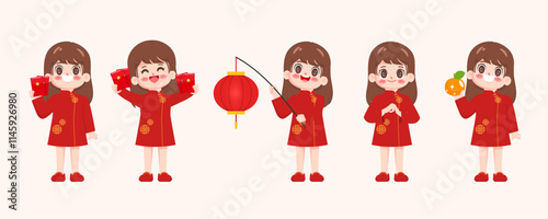 Chinese New Year Celebration with Girls in Traditional Costume, Vector, Illustration vector premium.