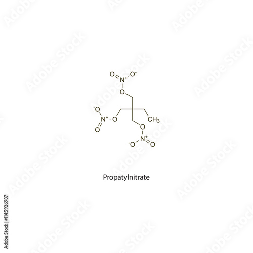 Propatylnitrate flat skeletal molecular structure nitrate drug used in angina pectoris treatment. Vector illustration scientific diagram.