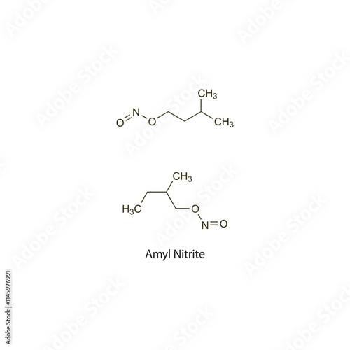 Amyl Nitrite flat skeletal molecular structure nitrate drug used in cyanide poisoning treatment. Vector illustration scientific diagram.