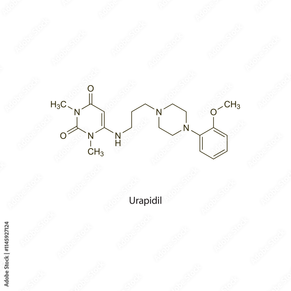 Urapidil flat skeletal molecular structure Alpha blocker drug used in hypertension treatment. Vector illustration scientific diagram. Urapidil flat skeletal molecular structure Alpha blocker drug used in hypertension treatment. Vector illustration scientific diagram.
