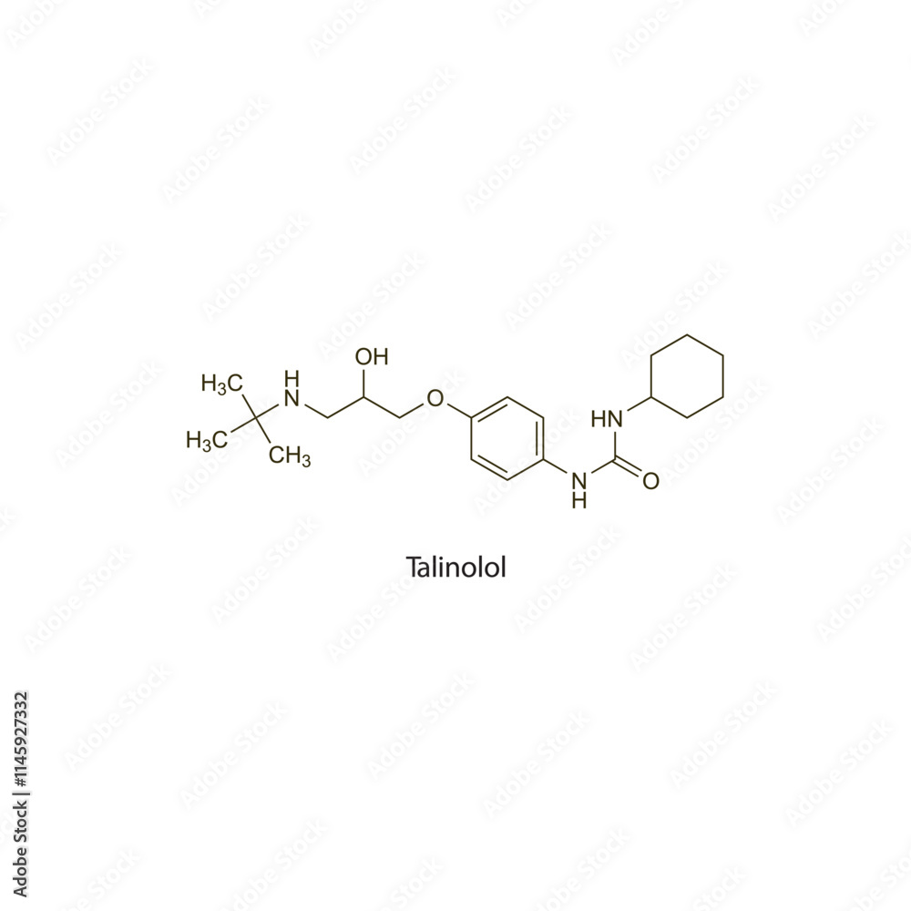 Talinolol flat skeletal molecular structure Beta blocker drug used in hypertension treatment. Vector illustration scientific diagram. Talinolol flat skeletal molecular structure Beta blocker drug used in hypertension treatment. Vector illustration scientific diagram.