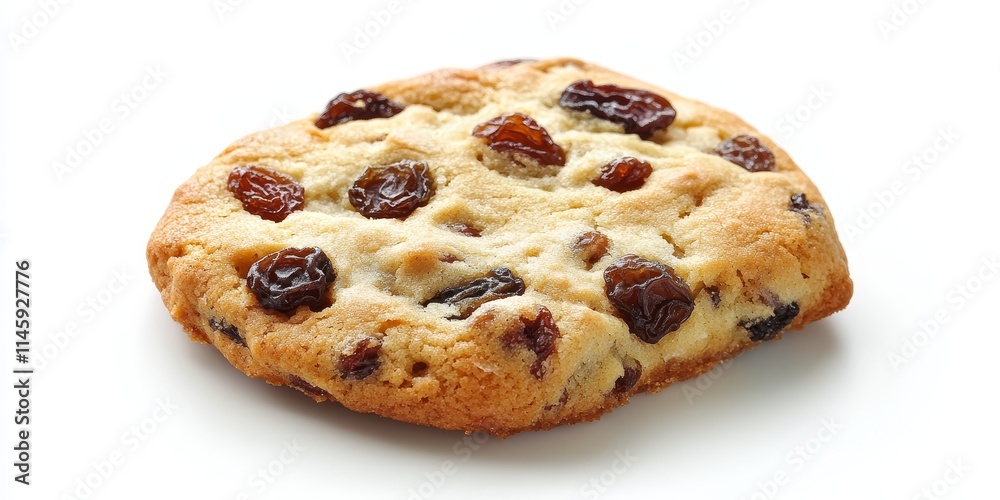 Close up of a delicious homemade milk cookie featuring raisins, showcasing the unique texture and flavor of this delightful biscuit, isolated on a white background with a clipping path. Close up of a delicious homemade milk cookie featuring raisins, showcasing the unique texture and flavor of this delightful biscuit, isolated on a white background with a clipping path.