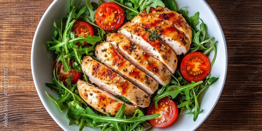 Delicious fresh salad featuring chicken breast, arugula, and tomato in a top view presentation. This fresh salad combines vibrant flavors, making it a perfect dish for health conscious eaters. Delicious fresh salad featuring chicken breast, arugula, and tomato in a top view presentation. This fresh salad combines vibrant flavors, making it a perfect dish for health conscious eaters.
