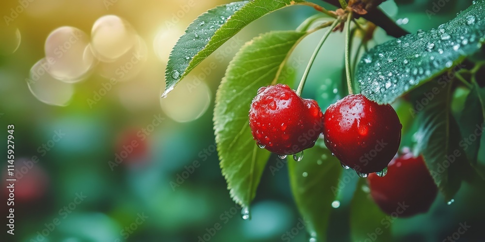 Selective focus on vibrant red cherries adorned with dew and raindrops on a branch, surrounded by lush green leaves against a softly blurred background, showcasing the beauty of red cherries. Selective focus on vibrant red cherries adorned with dew and raindrops on a branch, surrounded by lush green leaves against a softly blurred background, showcasing the beauty of red cherries.