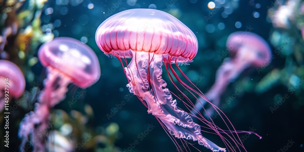 Obraz premium Vibrant pink jelly fish gracefully swimming in an aquarium, showcasing the beauty and elegance of jelly fish in their underwater habitat, captivating viewers with mesmerizing movements.