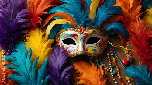 Vibrant Carnival Mask and Feathers