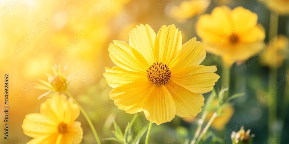 Vibrant yellow cosmos flowers blooming during the summer season showcase their bright beauty, enhancing gardens with stunning yellow cosmos flowers in full bloom. Vibrant yellow cosmos flowers blooming during the summer season showcase their bright beauty, enhancing gardens with stunning yellow cosmos flowers in full bloom.
