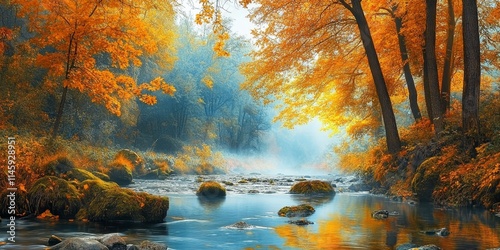 Stunning autumn scenery along the tranquil stream showcases vibrant fall colors. This beautiful autumn scenery captures the essence of misty mornings and nature s charm. photo