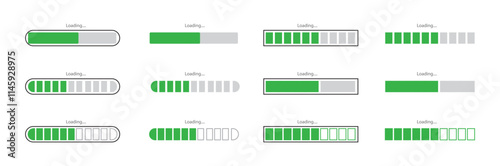 Various Progress Bar Designs Showcasing Loading Animations in Green Theme