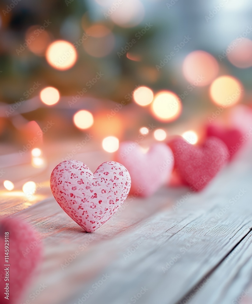 A charming display of hearts rests on a rustic wooden table, illuminated softly by twinkling lights, evoking warmth and romance for Valentine's Day. A charming display of hearts rests on a rustic wooden table, illuminated softly by twinkling lights, evoking warmth and romance for Valentine's Day.
