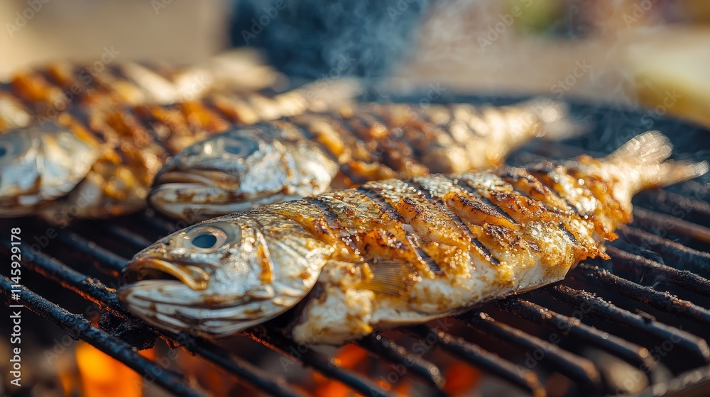Grilled fish close up, showcasing the art of barbecue fish preparation. This image captures the essence of grilling, emphasizing grilled fish in a camping setting for a delightful outdoor experience. Grilled fish close up, showcasing the art of barbecue fish preparation. This image captures the essence of grilling, emphasizing grilled fish in a camping setting for a delightful outdoor experience.