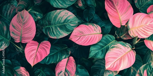 Tropical pink leaves with striking green veins create a vibrant backdrop on a sunny day. This tropical pink leaves scene showcases small trees, enhancing the beauty of nature s palette. photo