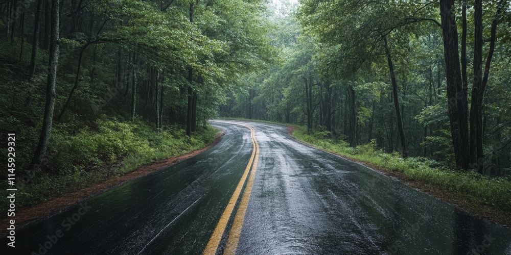 Obraz premium Wet forest road scene captures the essence of a rainy hike in the forest. The wet asphalt reflects the dreary weather, showcasing the challenges of hiking in the mountains during rainy conditions.