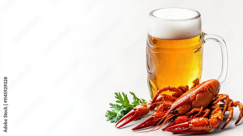 Beer mug featuring boiled crayfishes, displayed in isolation on a white background, captures the essence of a delightful seafood and beer pairing for any culinary scene. Beer mug featuring boiled crayfishes, displayed in isolation on a white background, captures the essence of a delightful seafood and beer pairing for any culinary scene.
