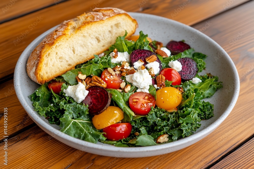 A vibrant salad with greens, tomatoes, beets, and a side of bread. A vibrant salad with greens, tomatoes, beets, and a side of bread.
