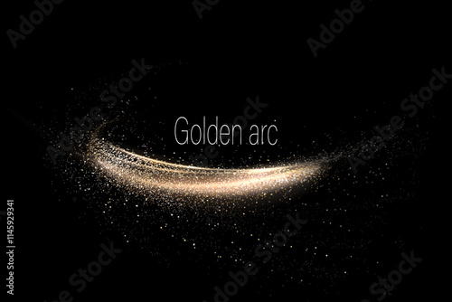 Isolated shiny gold ribbon with small tinsel on black background, design component.