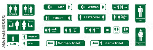 A comprehensive set of restroom and accessibility signage icons in green, suitable for navigation and informational purposes, featuring labels for men, women, handicap, baby, and other facilities