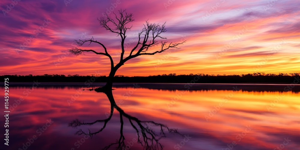 Silhouette of a dead tree against a stunning sunset sky reflecting in a reservoir, creating a peaceful and serene atmosphere with natural beauty surrounding the reservoir. Silhouette of a dead tree against a stunning sunset sky reflecting in a reservoir, creating a peaceful and serene atmosphere with natural beauty surrounding the reservoir.