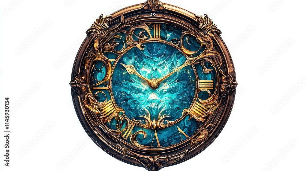 Obraz premium An ornate fantasy clock with a carved bronze frame and a glowing turquoise face isolated on a white background.