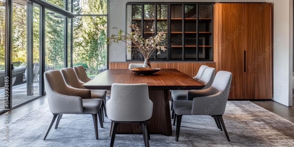 Fototapeta premium A contemporary dining area showcases a sizable dark wood cabinet along with a dining table, accompanied by six grey chairs resting on a grey carpet.
