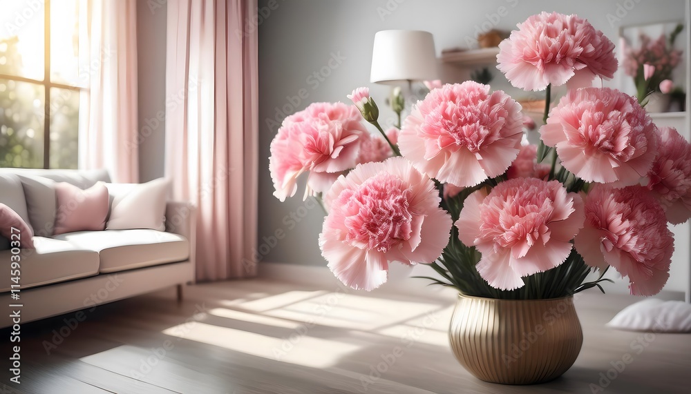 Pink Carnations in Gold Vase Home Decor Spring Flowers Pink Carnations in Gold Vase Home Decor Spring Flowers