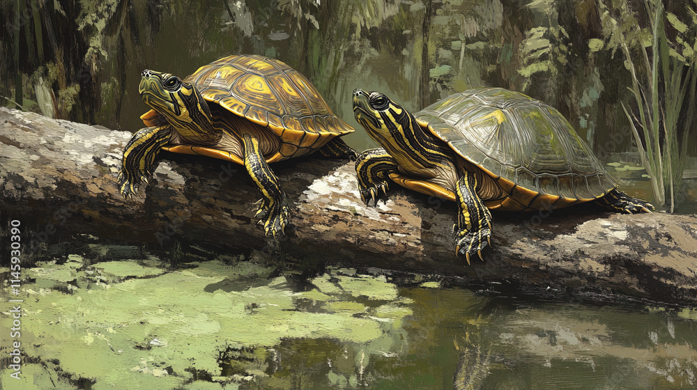 Fototapeta premium Resting turtles with yellow and green striped heads on log by water