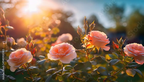 Sunset Peach Roses Romantic Garden Bloom Nature Photography