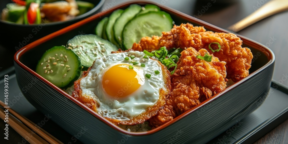 Lunchbox filled with a delicious fried egg, crispy fried chicken, and fresh cucumber arranged beautifully on a ceramic dish. This lunchbox makes for a nutritious and appetizing meal option. Lunchbox filled with a delicious fried egg, crispy fried chicken, and fresh cucumber arranged beautifully on a ceramic dish. This lunchbox makes for a nutritious and appetizing meal option.