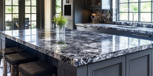 Stone gray worktop paired with dark kitchen cabinets creates a striking contrast. This granite countertop enhances modern kitchen cabinets, offering a sleek design with a handle less finish. photo