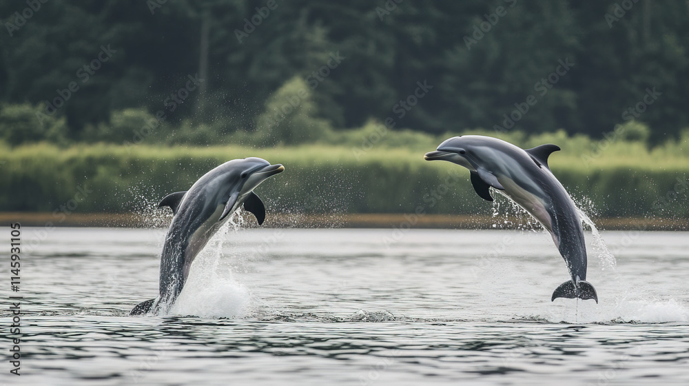 Obraz premium Dolphins jumping out of water together, showcasing their playful nature